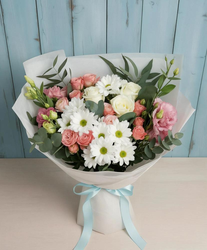 Букет цветов из: Розы, Лизиантусы и Хризантемы в Хурбе