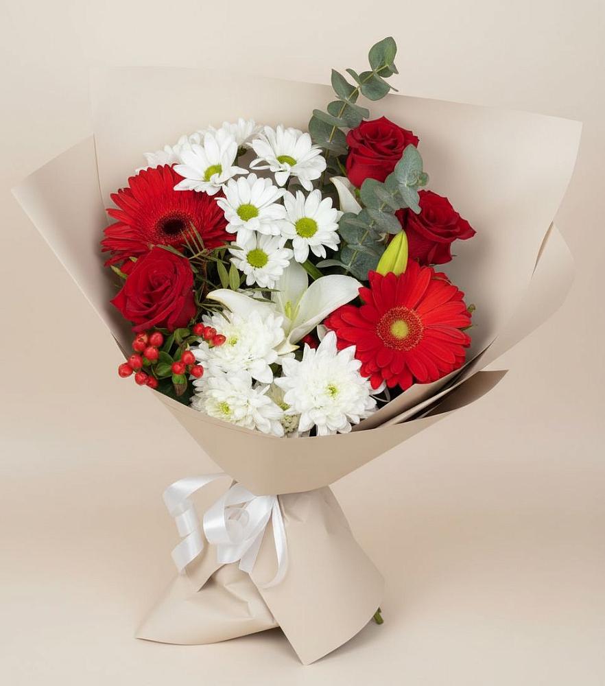 Букет цветов из: Розы, Хризантемы, Герберы и Лилии в Хурбе